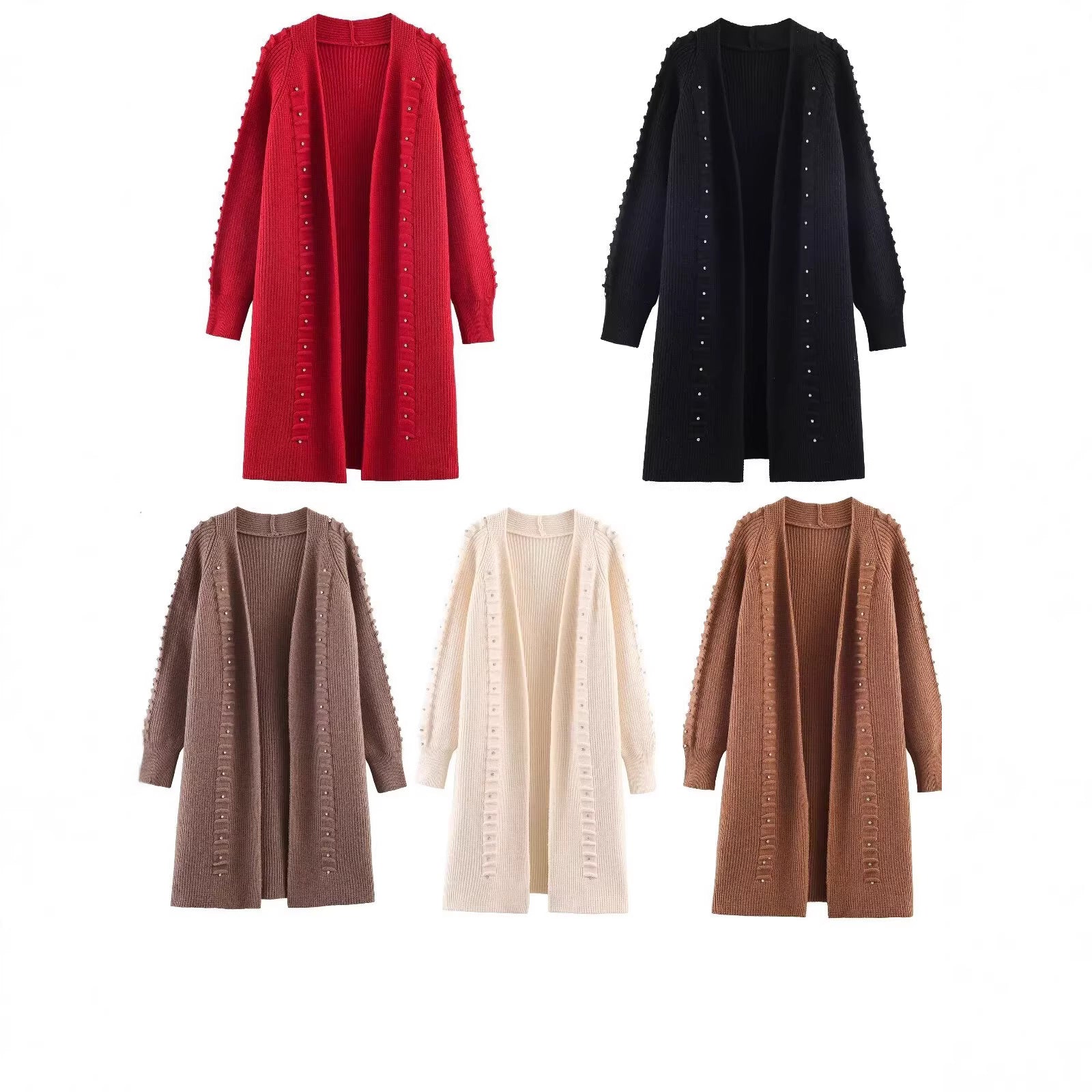 Women Longline Knit Cardigan with Bead and Ruffle Detail Open Front Chichicherry