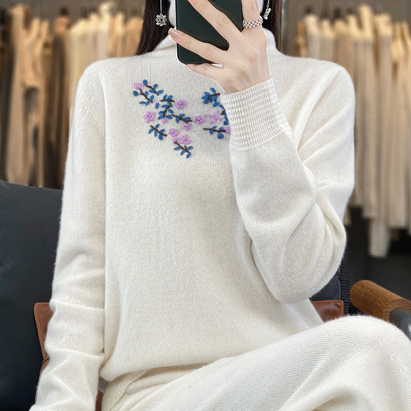 Women's Cashmere-Look Roll Neck Sweater with Delicate Floral Embroidery on the Chest Area Chichicherry