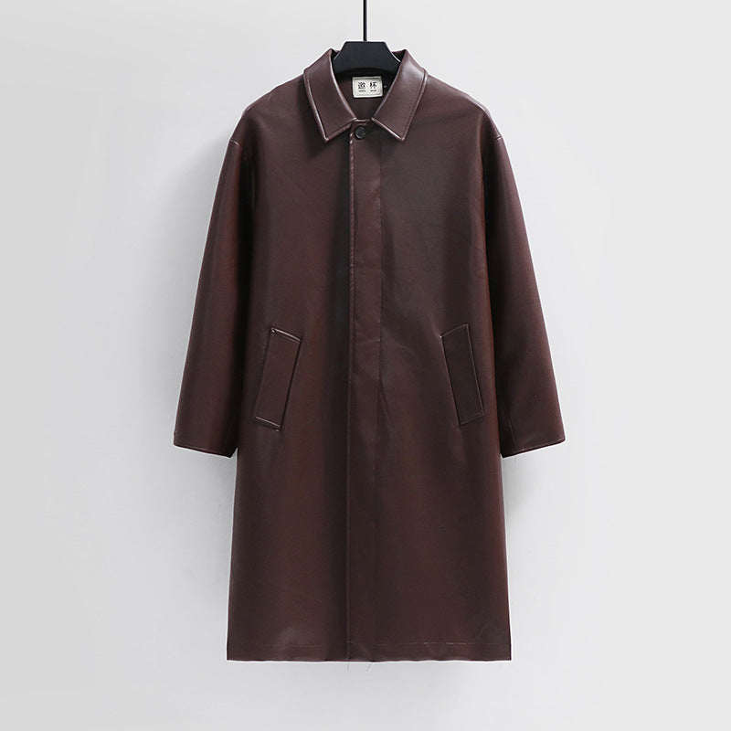 Men's longer minimalist faux leather coat with shirt collar, concealed button placket, and straight cut Chichicherry