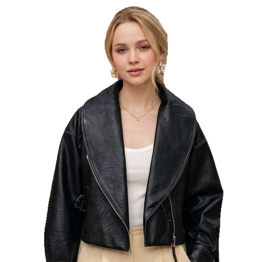 Women's Cropped Biker Jacket made of Faux Leather with Wide Shawl Collar and Asymmetrical Zipper Chichicherry