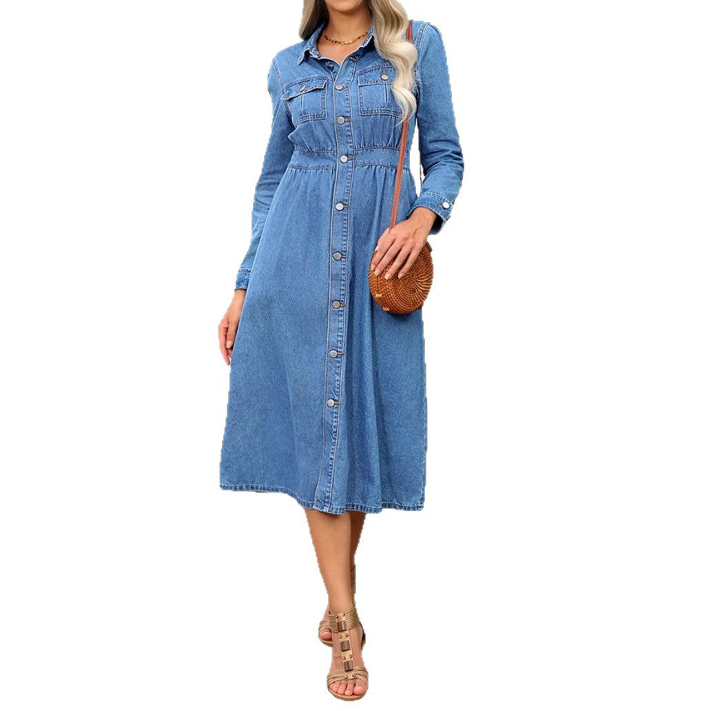 Women's denim midi dress with button placket, tailored fit and chest pockets Chichicherry