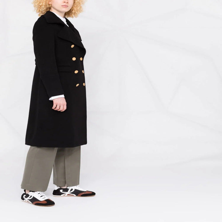 Women's Double-Breasted Long Coat in Naval Coat Style with Distinctive Metal Buttons Chichicherry