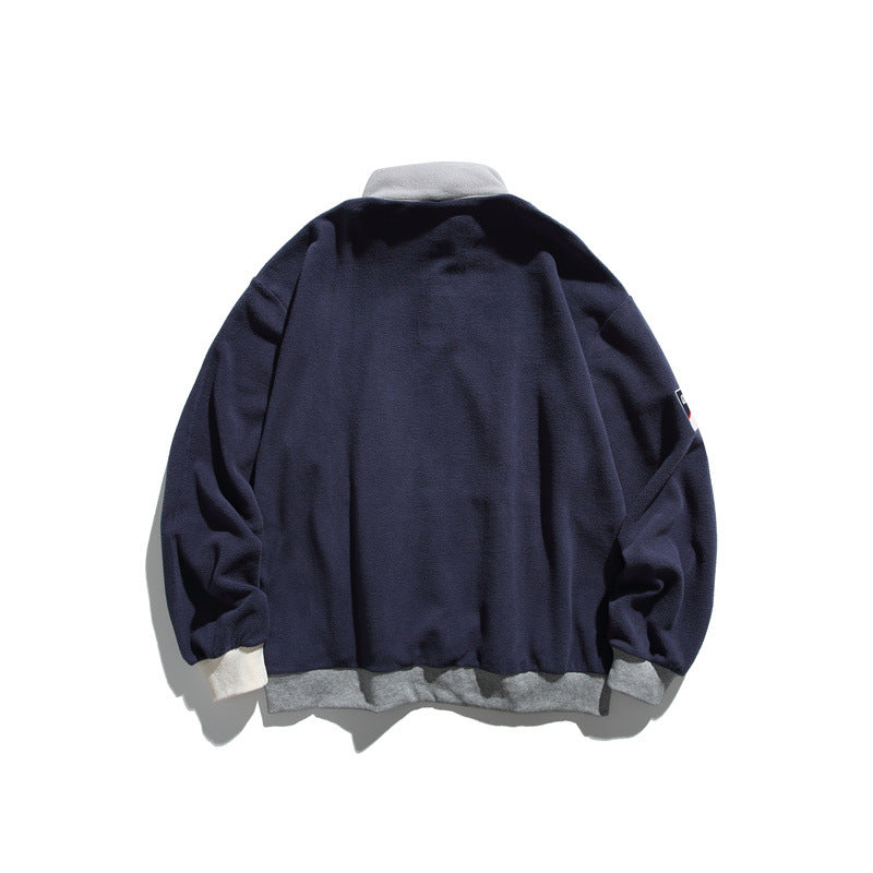 Unisex Fleece Half-Zip Pullover with Stand-Up Collar, Kangaroo Pocket and Contrast Cuffs Chichicherry