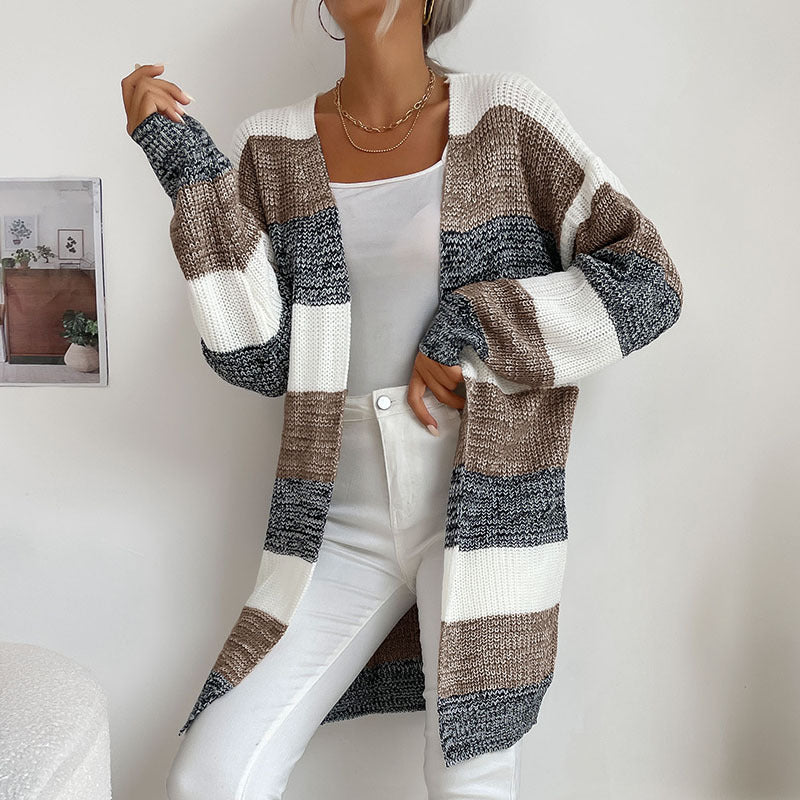 Women's Longline Knit Cardigan with Wide Block Stripes, Open Front and Dropped Shoulders Chichicherry