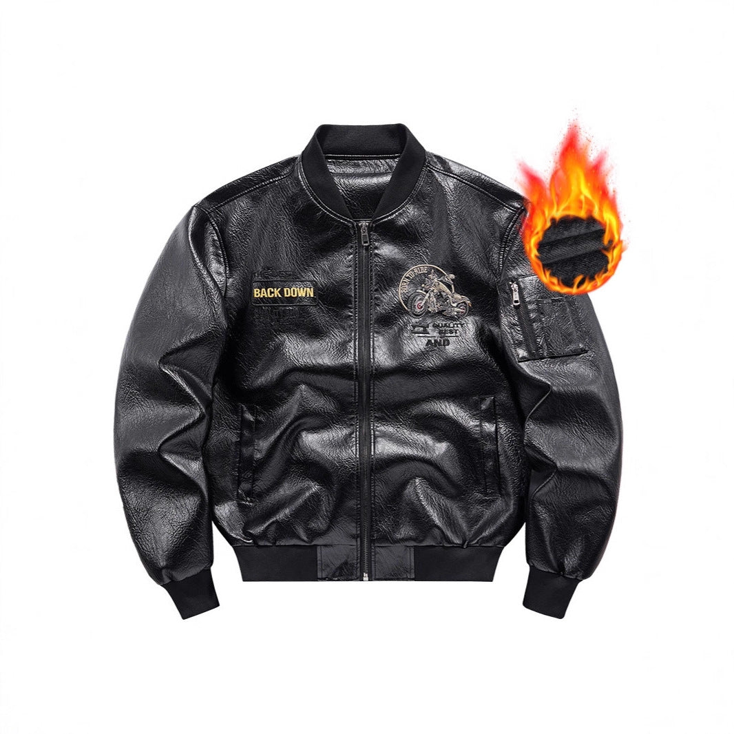 Men's faux leather bomber jacket with warming fleece lining, motorcycle embroidery and sleeve pocket Chichicherry