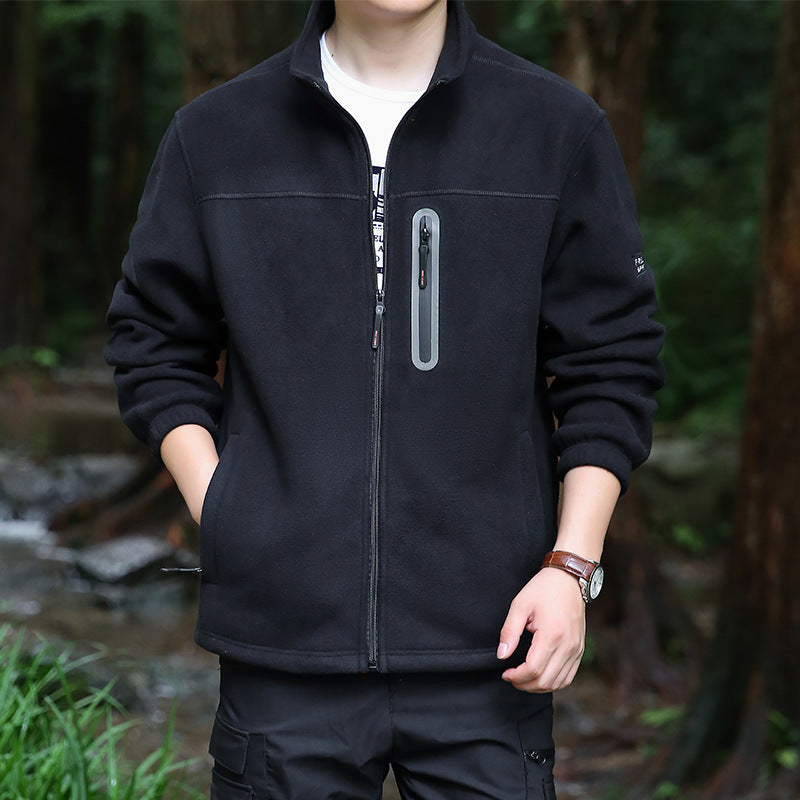Men's Thermal Microfleece Outdoor Jacket with Stand-Up Collar, Waterproof Chest Zip Pocket Chichicherry