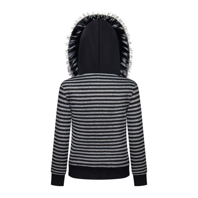 Women’s Hooded Sweat Jacket with Faux Fur Trim and Military Decorative Button Placket Chichicherry