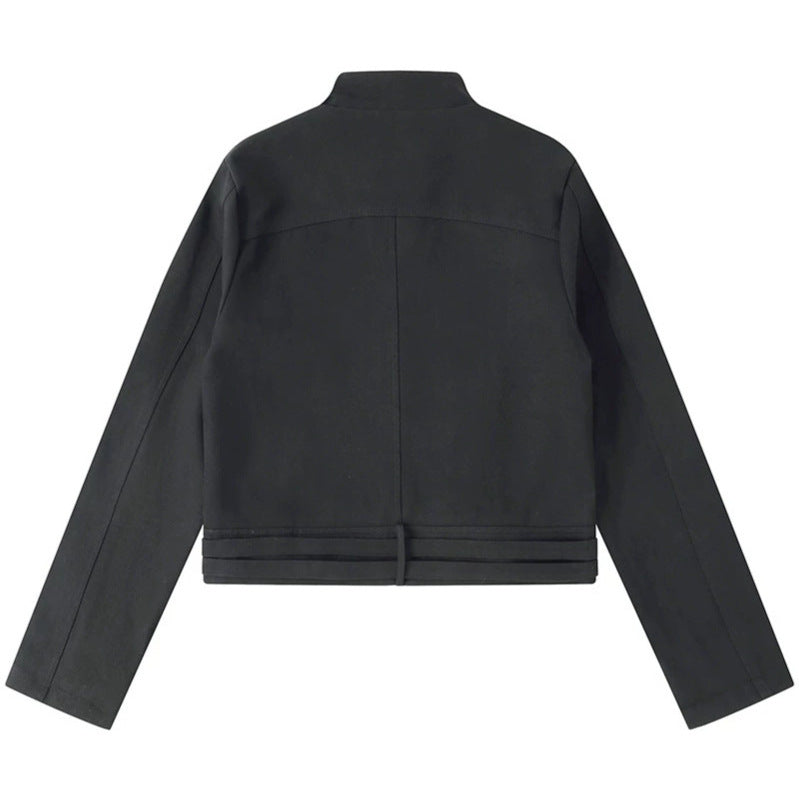 Women's Short Cut Cotton Utility Jacket with Stand-Up Collar Front Zip and Adjustable Waist Straps Chichicherry