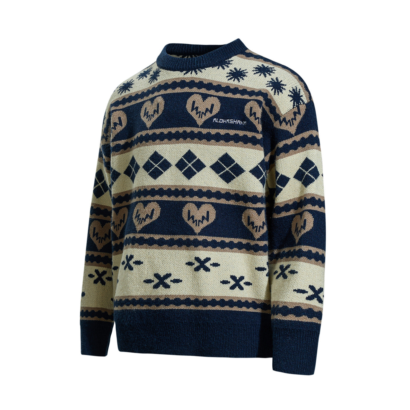 Men's Patterned Chunky Knit Sweater in Norwegian Style with Round Neck