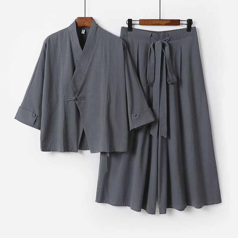 Women's Lightweight Kimono Loungewear Set with V-Neck Three-Quarter Sleeves and Wide Palazzo Pants Chichicherry