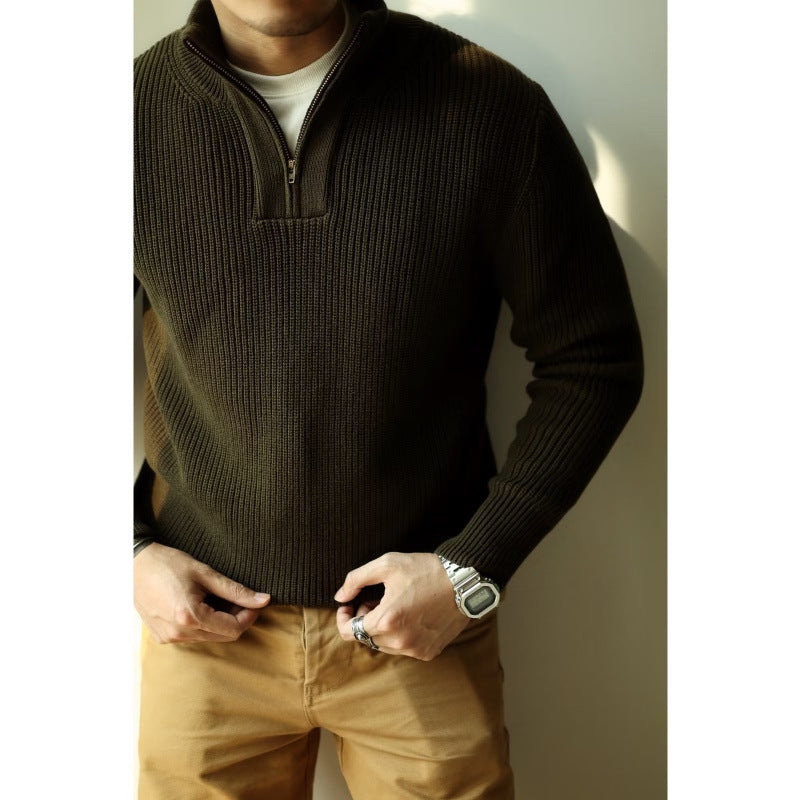 Herren Grobgerippter Halbzip-Strickpullover mit Stehkragen Chichicherry