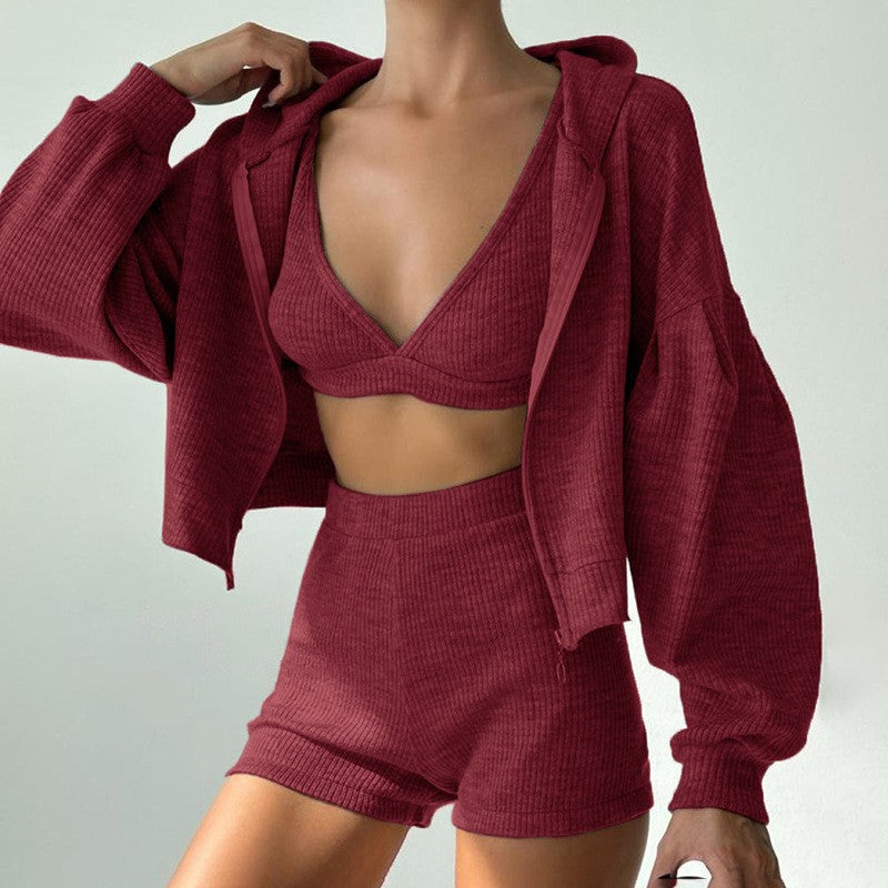 Damen Geripptes Lounge-Set mit Reißverschluss-Hoodie, Stretch-Bralette und High-Waist-Shorts Chichicherry