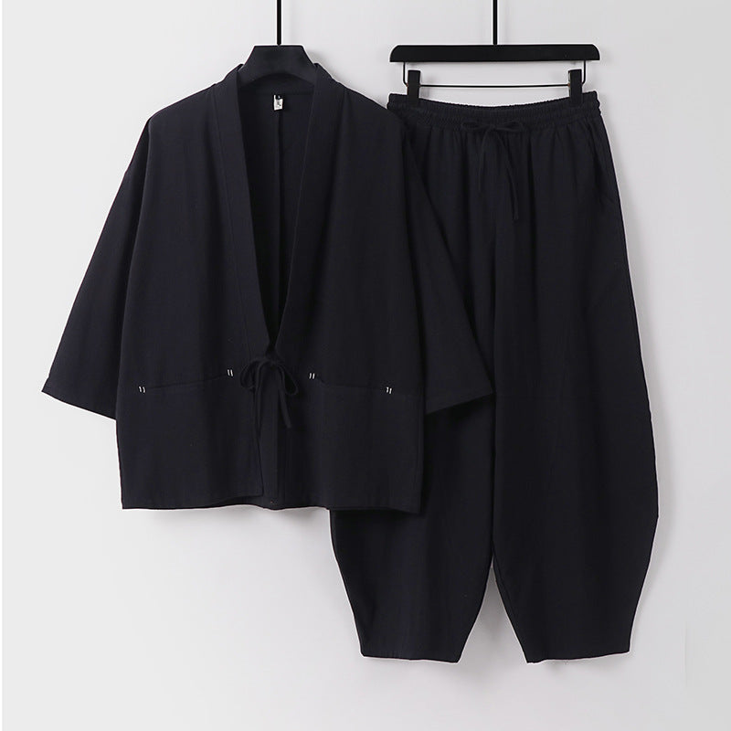 Unisex Modern Kimono Lounge Set made of soft cotton blend with short jacket, drawstring pants and ruffled ankles Chichicherry