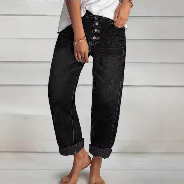 Ladies High-Waist Relaxed-Fit Jeans in Boyfriend Style with Visible Button Placket and Rolled Hem Chichicherry