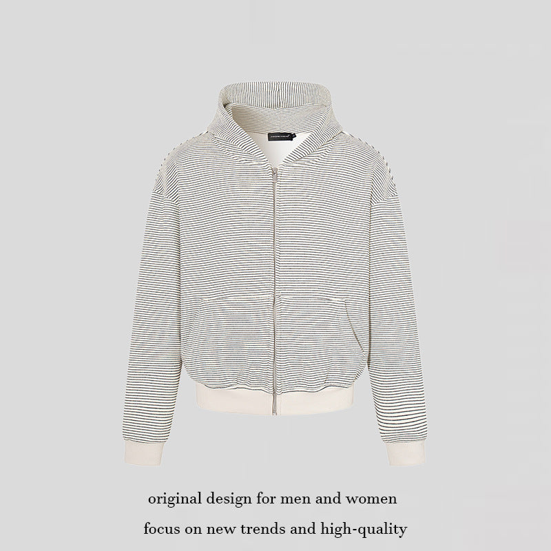 Ladies fine stripe zip jacket with high stand-up collar, kangaroo pockets and elastic hem Chichicherry