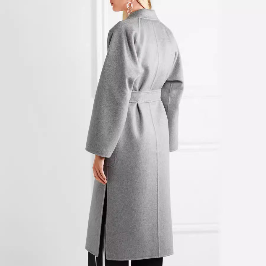 Women's Floor-Length Open Wool Blend Coat with Relaxed Lapels and Flowing Draping Chichicherry