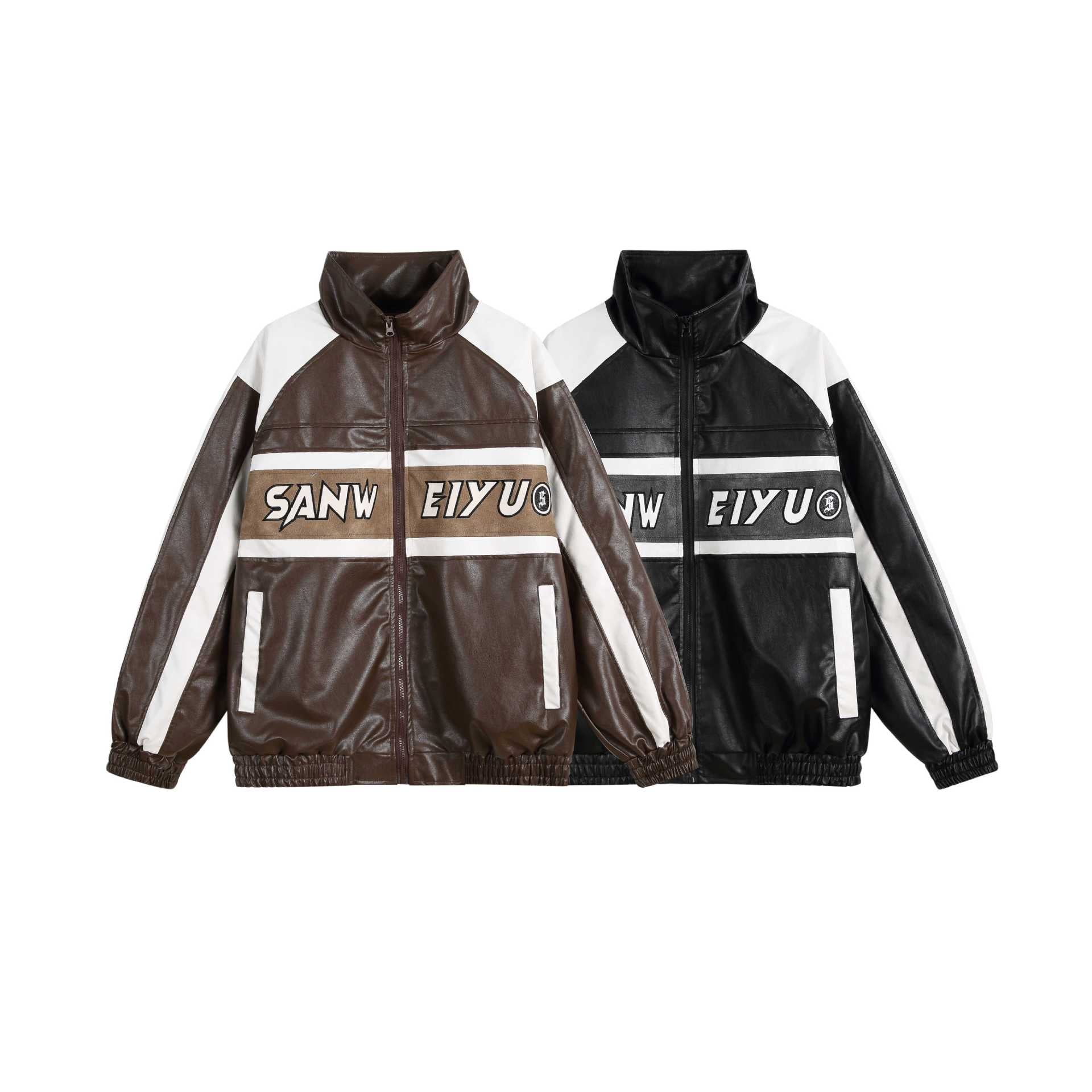 Women's faux leather track jacket in oversized cut with high stand-up collar and logo panel Chichicherry
