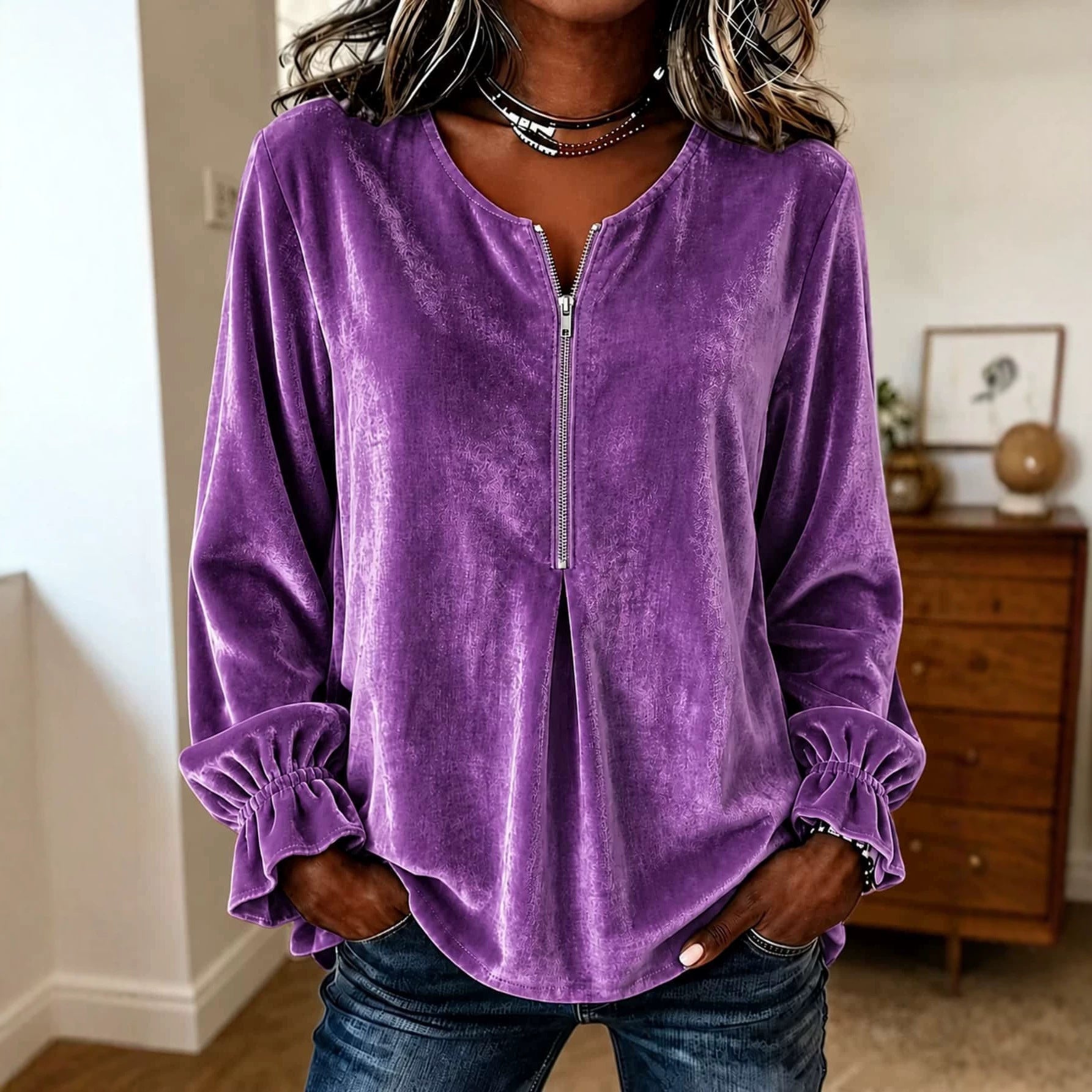 Women’s velvet blouse with half zip, ruffle cuffs, and A-line cut Chichicherry