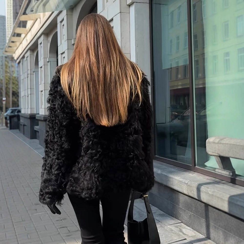 Women's Boxy Short Coat made of crinkled Faux Fur with structured wave pattern and open front Chichicherry