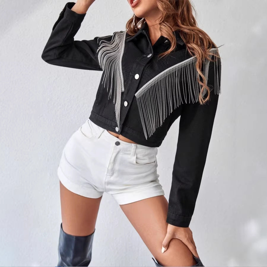 Women short cut denim jacket with silver fringes and button placket Chichicherry