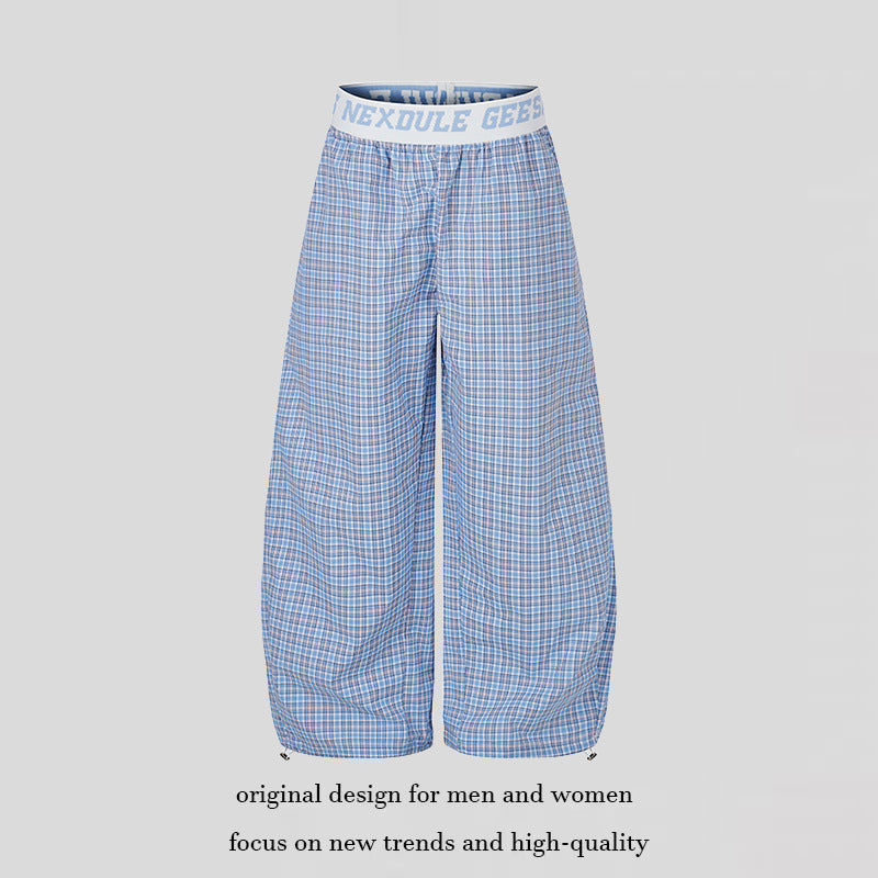 Women's Wide Checkered Lounge Pants with Elastic Logo Waistband and Drawstring Hem Chichicherry