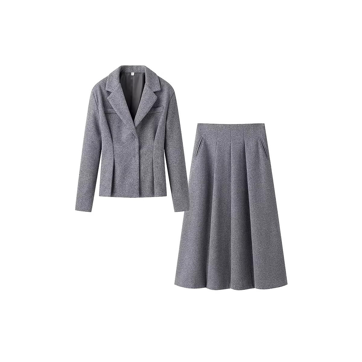 Women's Elegant Wool Blend Suit with Fitted Short Blazer and Flared Midi Skirt Chichicherry