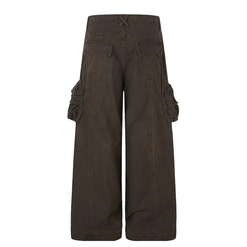 Women's wide utility cargo pants with gathered side pockets and decorative seams Chichicherry