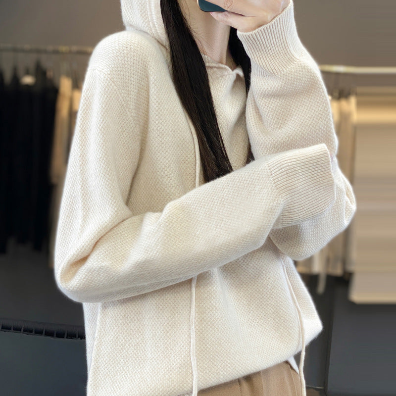 Women soft fine-knit hooded sweater with mottled texture and ribbed cuffs Chichicherry