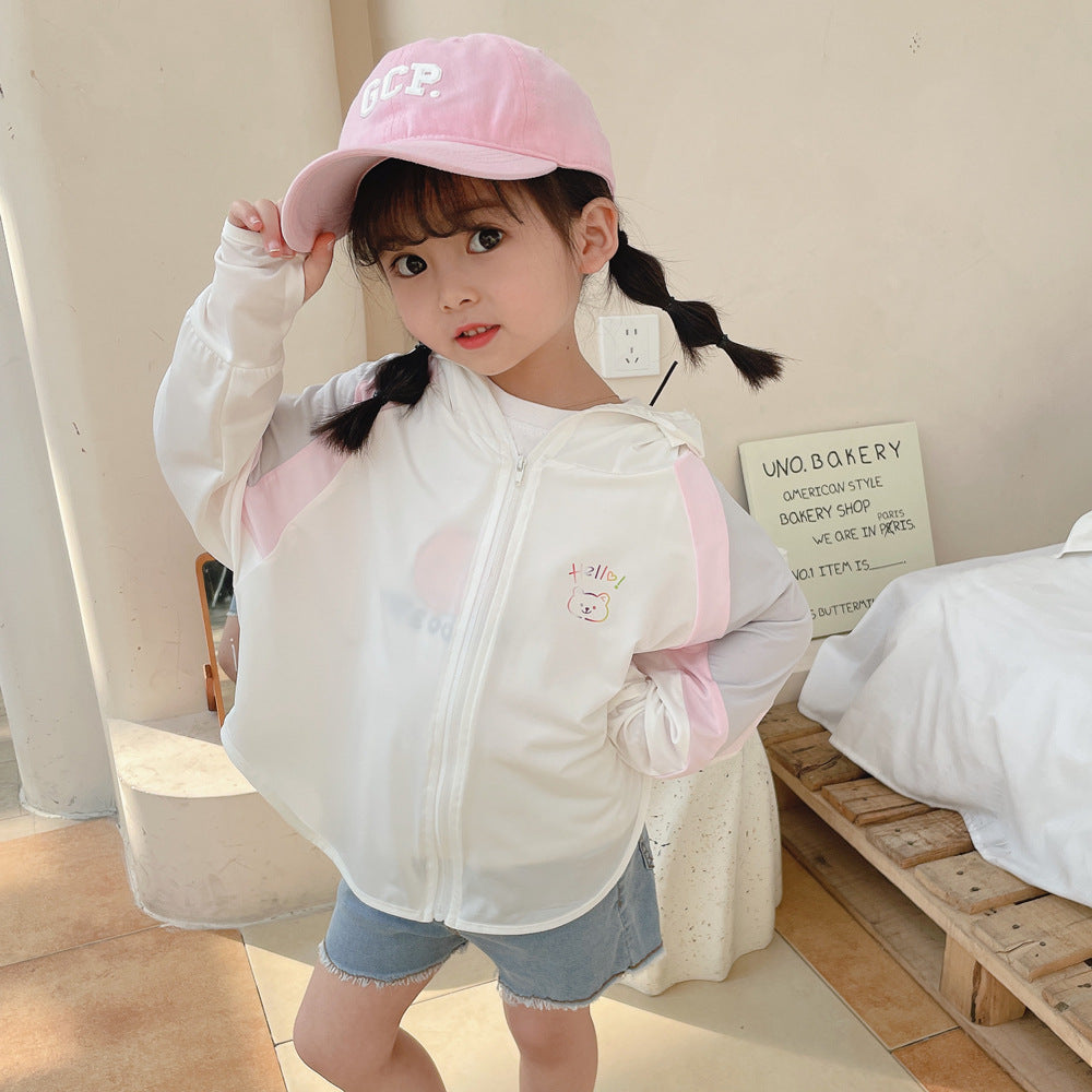 Unisex nan ultralight children's sun protection jacket with hood, zipper, mesh lining, and bear embroidery Chichicherry