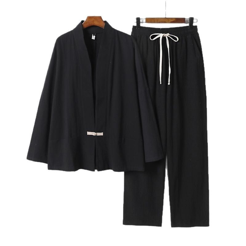 Men's Zen-inspired kimono loungewear set made of lightweight cotton blend with open cut and drawstring pants Chichicherry