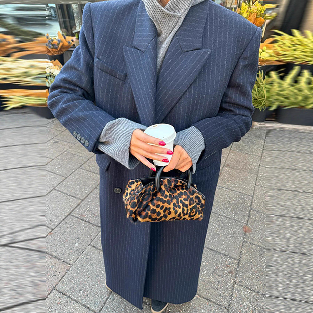 Women Long Cut Double Breasted Pinstripe Coat with Notch Collar Chichicherry