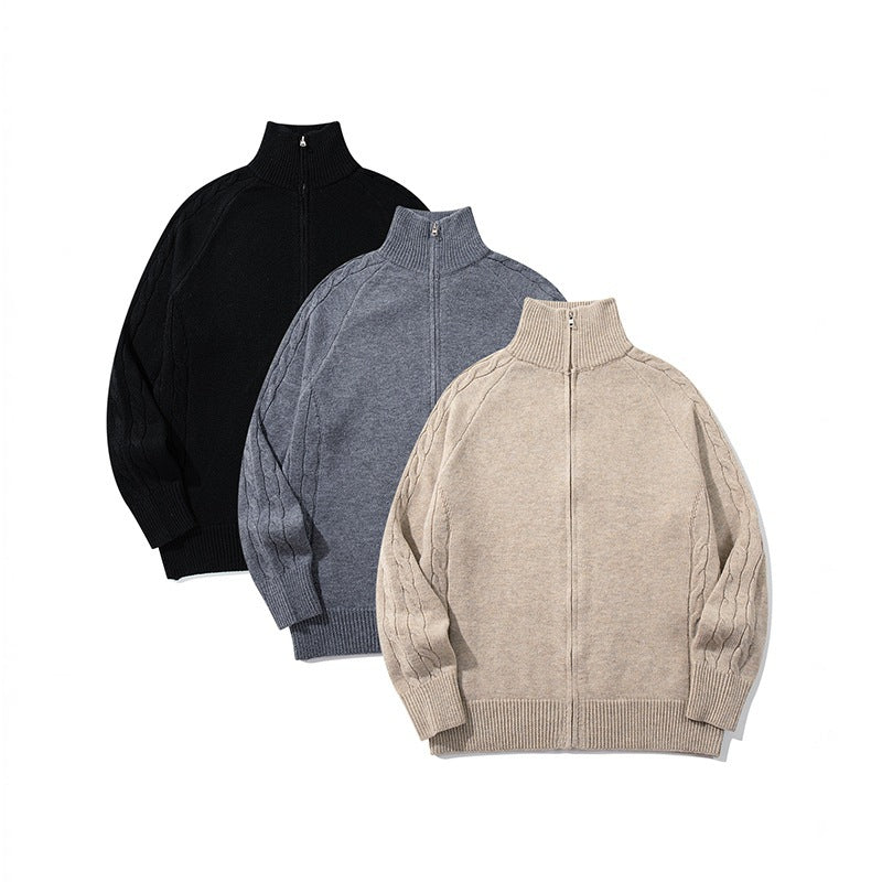 Unisex Boxy Zip Cardigan with Stand-up Collar, Cable Knit Sleeves and Ribbed Hems Chichicherry