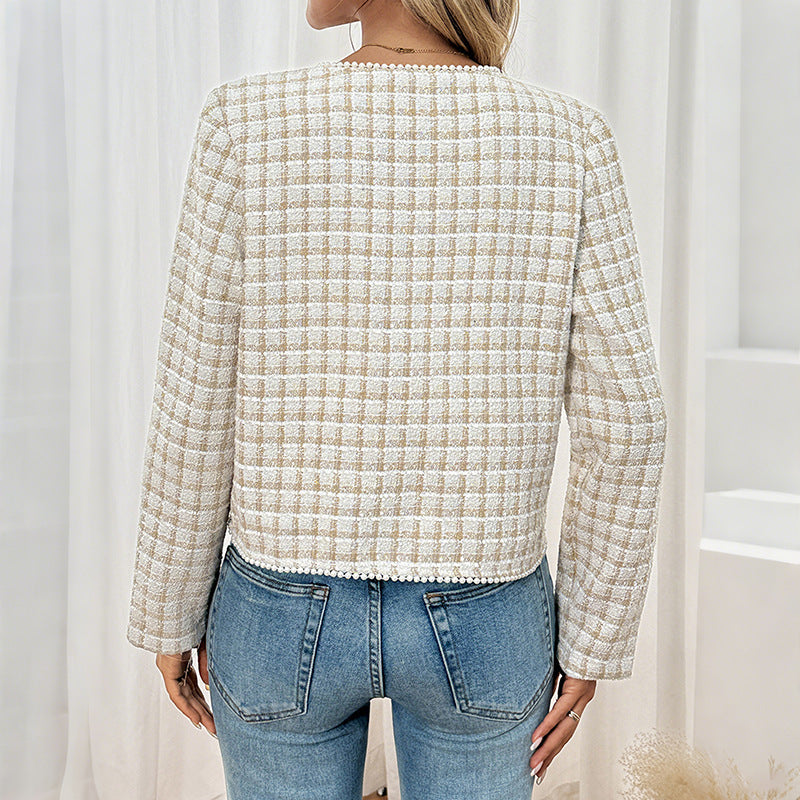 Women's Boucle-Tweed Short Blazer with Bead Detail, Boxy Shape & Patch Pockets Chichicherry