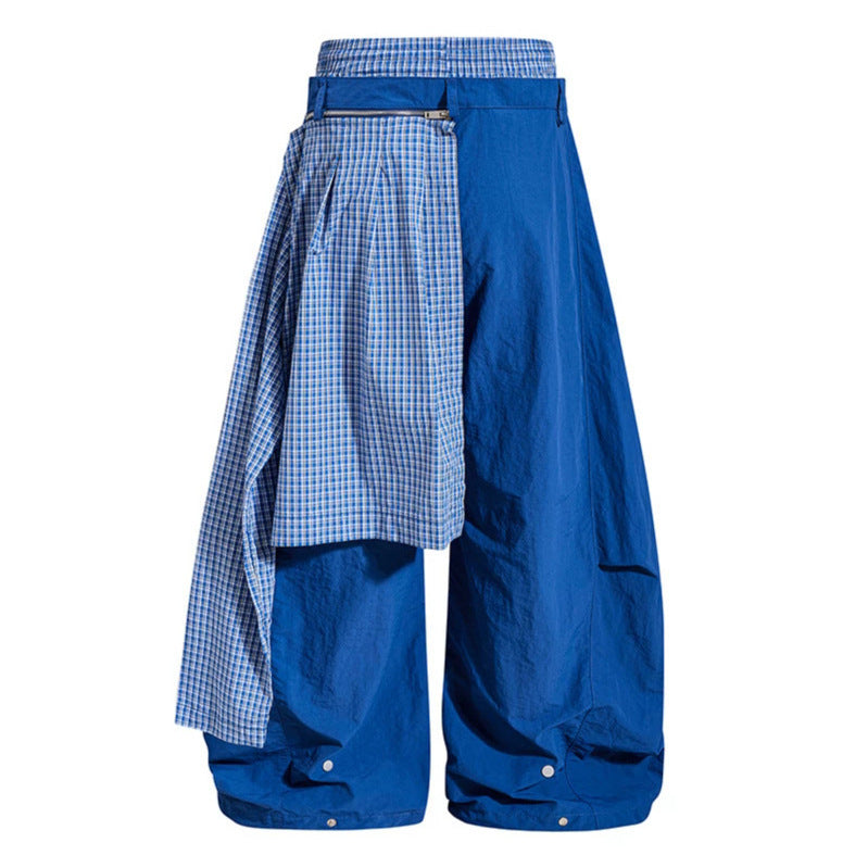 Women's wide baggy pants with asymmetrical check side panel and drawstring Chichicherry