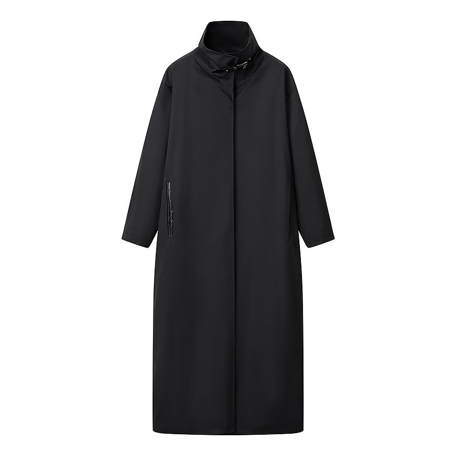 Women's Longer Minimalist Coat with High Stand-Up Collar and Concealed Front Chichicherry