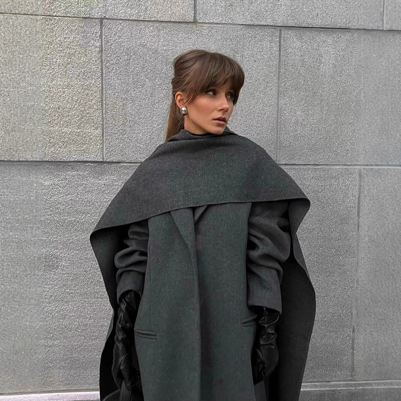 Women’s Maxi Length Wool Mix Coat with Integrated Loop Scarf and Clean Lapel Chichicherry