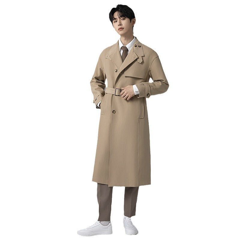 Men's Long Modern Trench Coat made of lightweight twill with concealed button placket and waist belt Chichicherry
