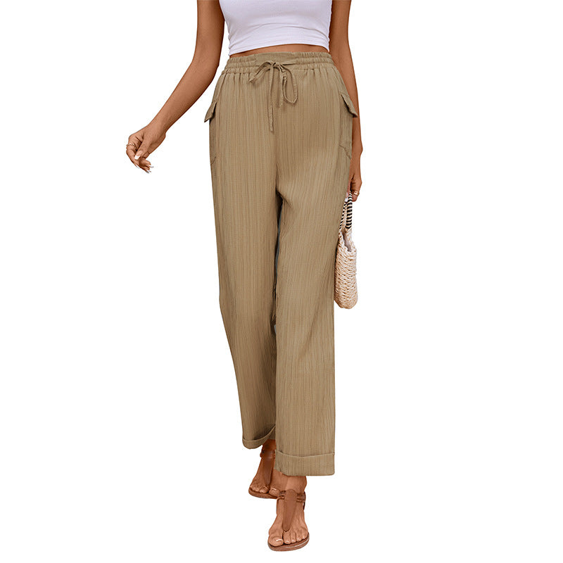 Women's Lightweight Linen Look Pants with Elastic Waistband, Drawstring and Straight Leg Chichicherry