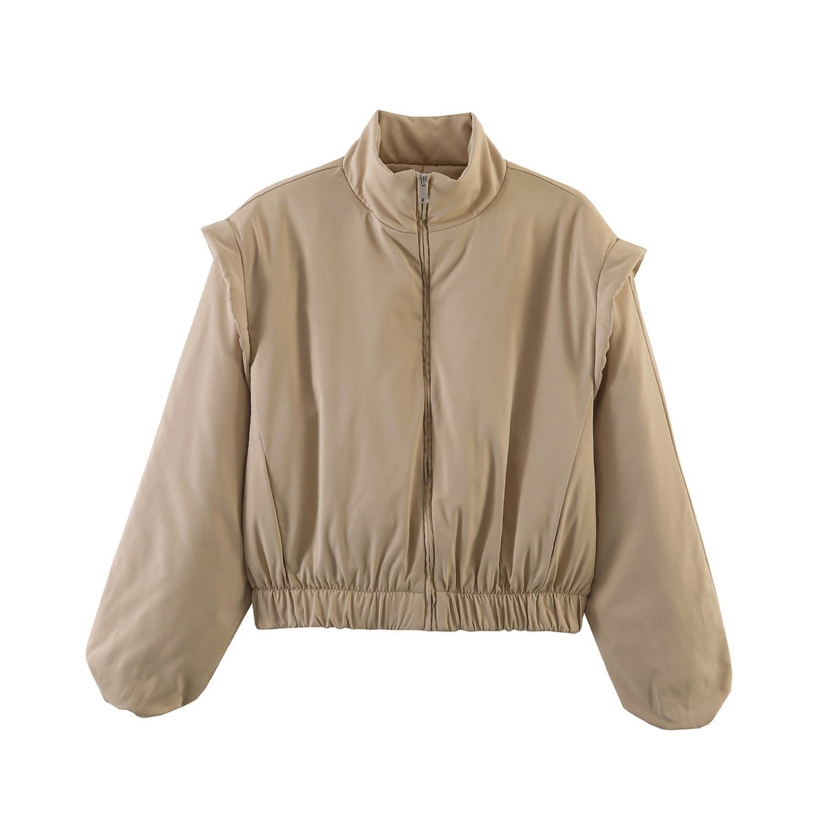 Women's Padded Cropped Jacket with Stand Collar, Drawstring Hem and Dropped Shoulder Details Chichicherry