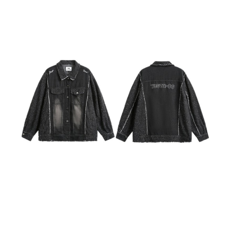 Unisex Oversized Denim Jacket with Mélange Boucle Sleeve and Frayed Edge Chichicherry