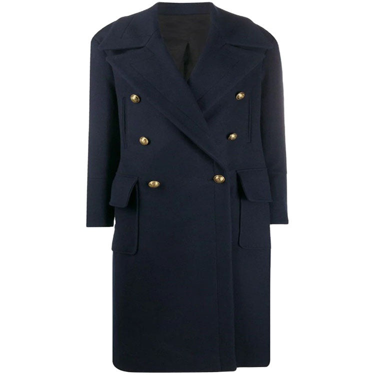 Women’s navy-inspired double-breasted long coat made of wool blend with oversized lapels Chichicherry