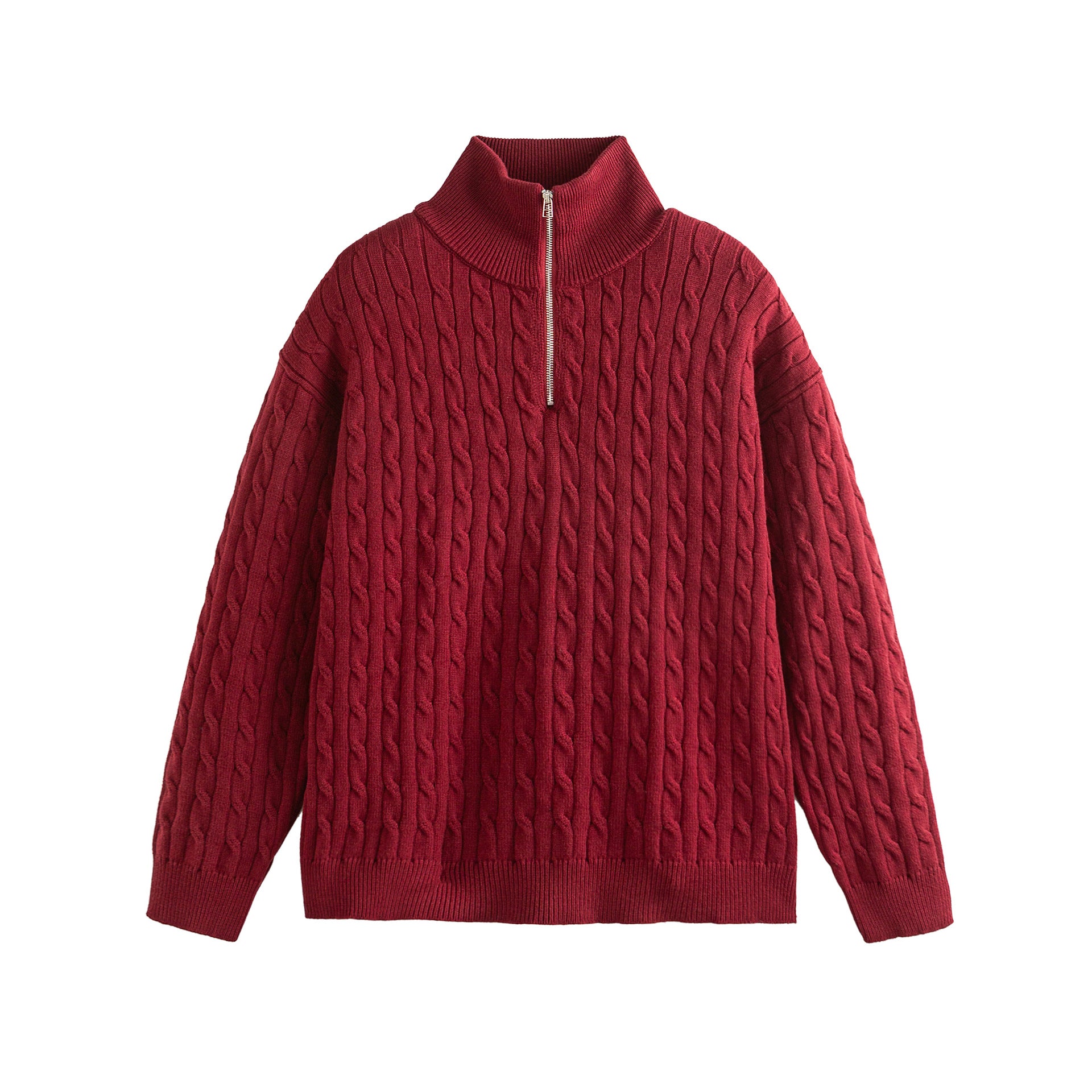 Unisex Thick Knit Cable Pattern Sweater with Half Zip and High Ribbed Collar Chichicherry