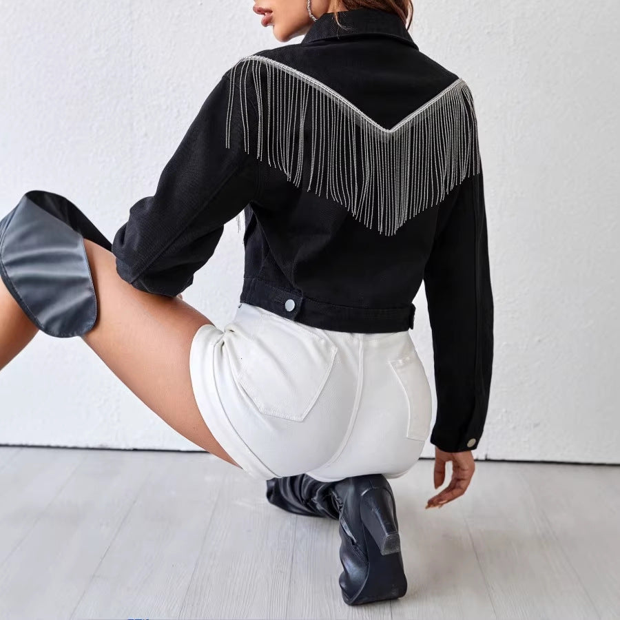 Women short cut denim jacket with silver fringes and button placket Chichicherry