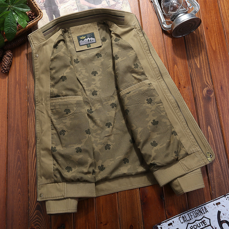Men's Canvas Field Jacket with Stand Collar, Zipper and Striped Ribbed Cuff Chichicherry