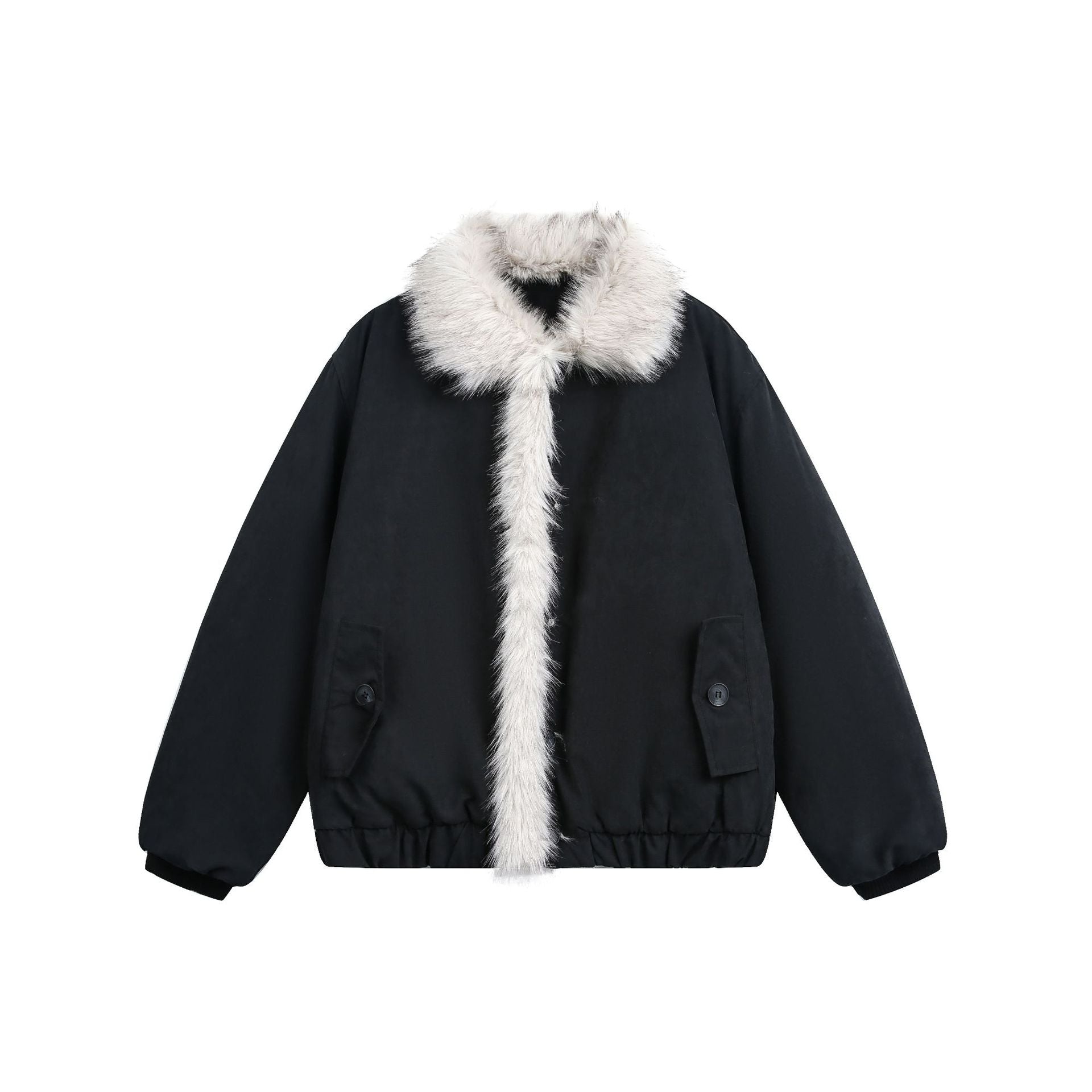 Women's short jacket in boxy cut with wide faux fur collar Chichicherry