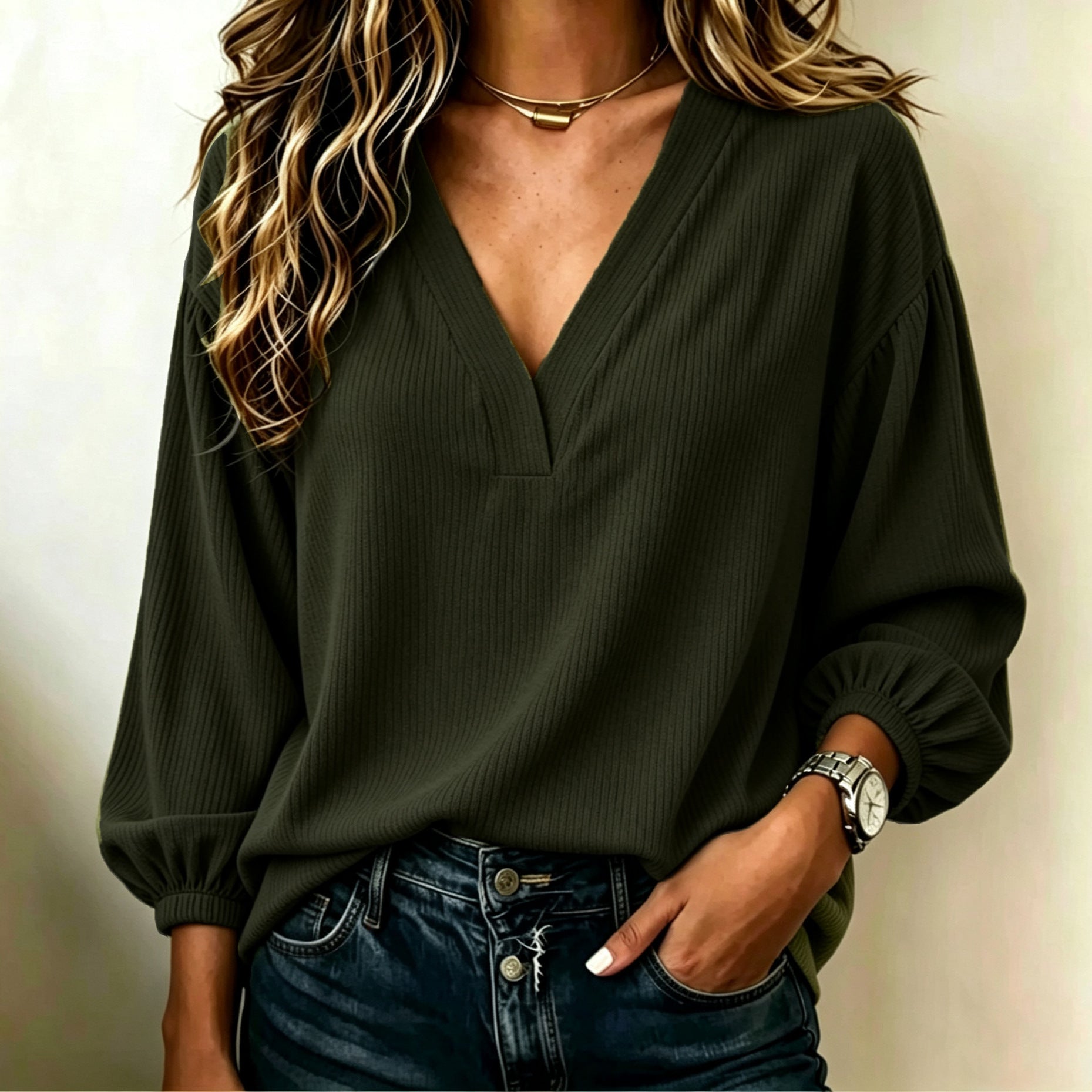 Women's Ribbed V-Neck Sweater with Balloon Sleeves Chichicherry