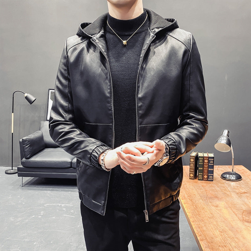 Men's Leatherette Hooded Blouson with Mesh Inner Hood, Slim Silhouette and Full Zipper Chichicherry