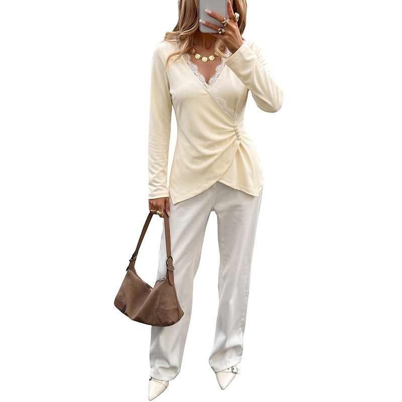 Women's wrap long sleeve with lace trim and side gathering Chichicherry