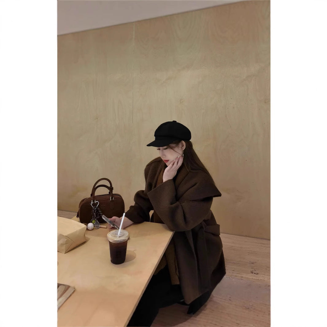 Women's Oversized Wool Coat with Hood and Waist Belt Chichicherry