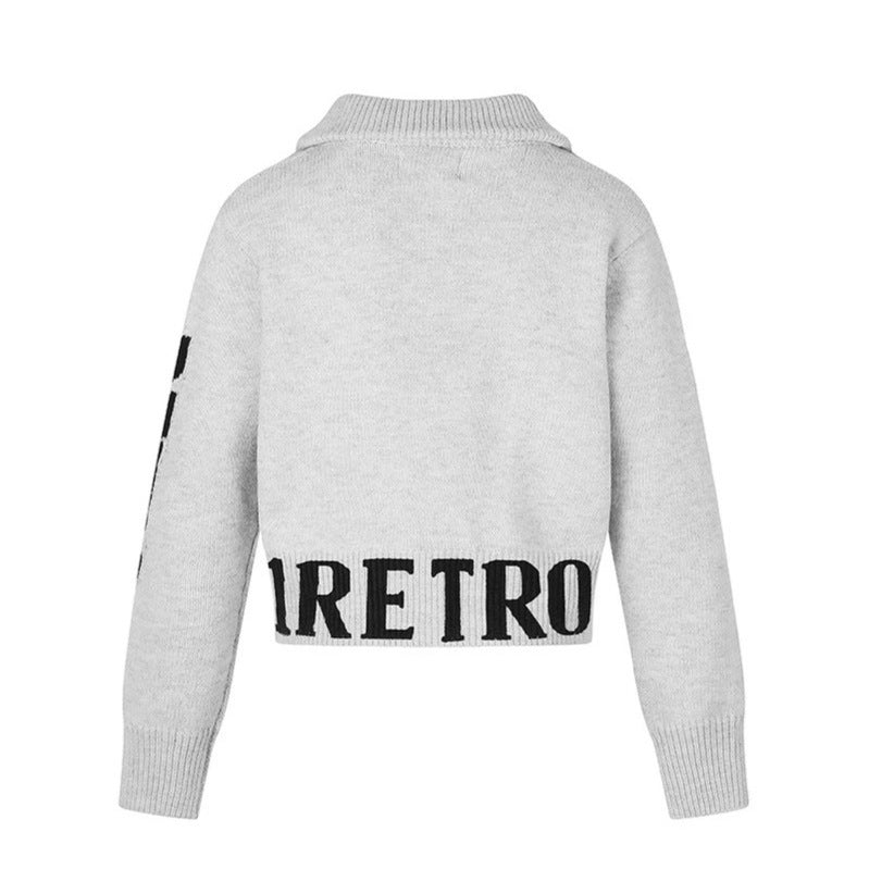 Women's Short Cable Knit Cardigan with Stand-up Collar, Full-Length Zipper and Typo Hem Chichicherry